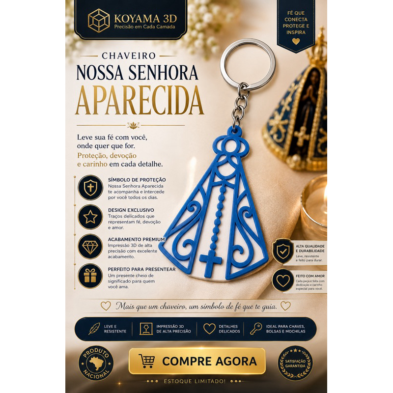 Chaveiro Nossa Senhora Aparecida kit 3, 5 ou 10 Unidades Religioso Lembrancinha Católica Presente
