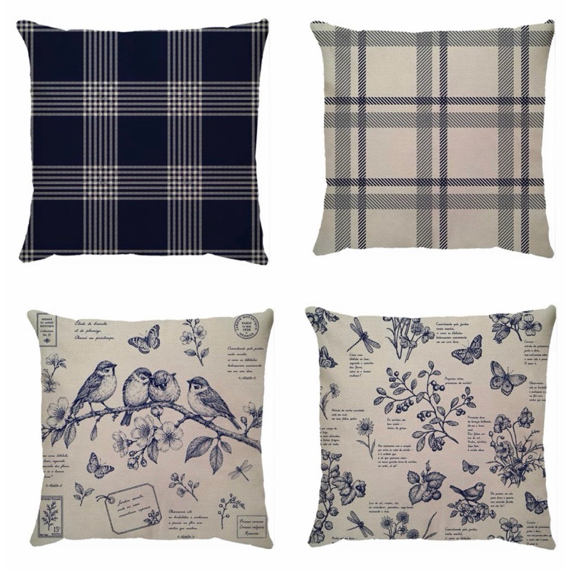 Detalhes do Capas De Almofada Linho Premium 43x43 Decoração Sala Sofá Azul E Branco Flor Com Zíper estilo Cottage