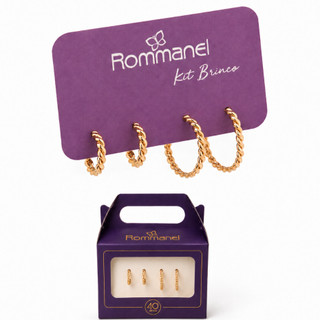 Kit brinco meia argolas trançadas banhado a ouro 18k Rommanel Hipoalergenico