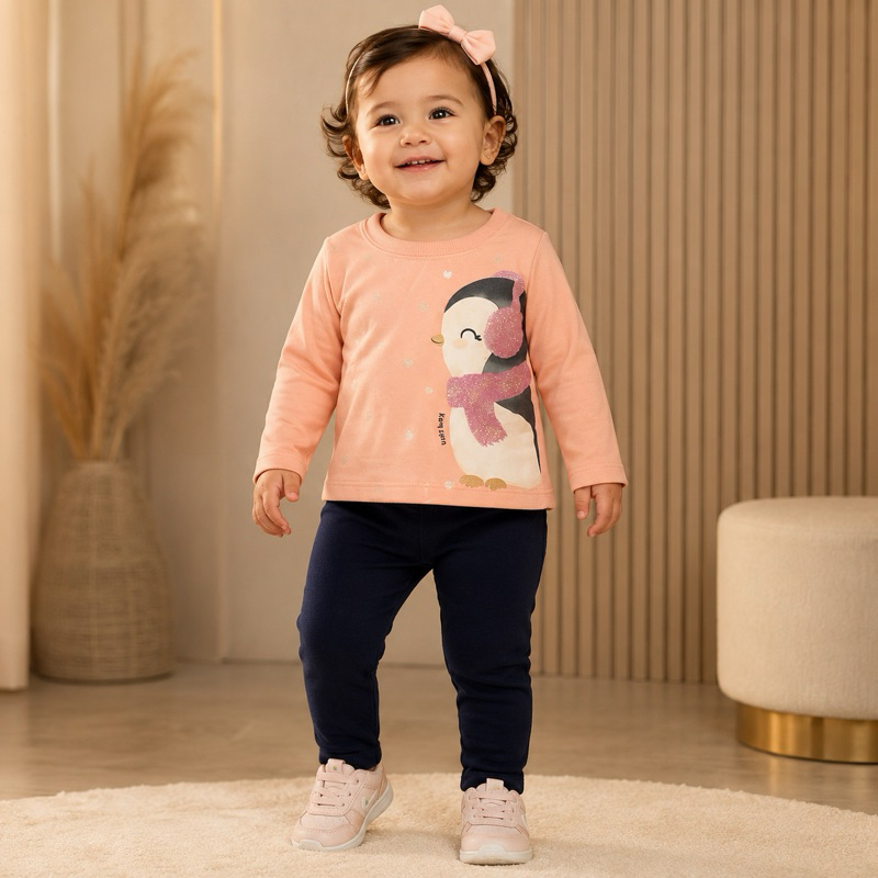 Conjunto Infantil Feminino  Brandili Inverno Bebê Moletom Manga Longa com Legging Estampa Pinguim