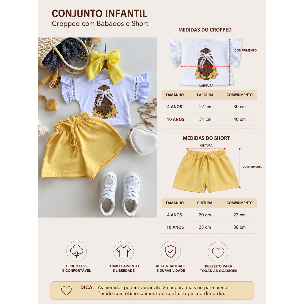 Conjunto Infantil Feminino Cropped Branco Estampado com Babados e Short Amarelo Verão Menina