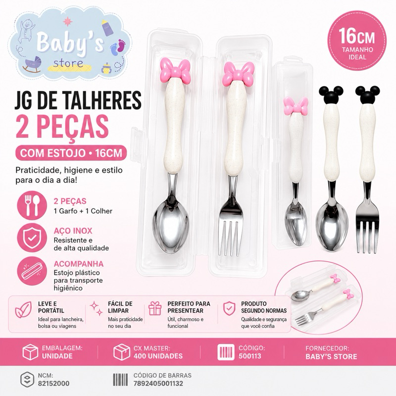 Kit Talheres Infantil 2 Peças com Estojo 16cm em Aço Inox | Colher + Garfo