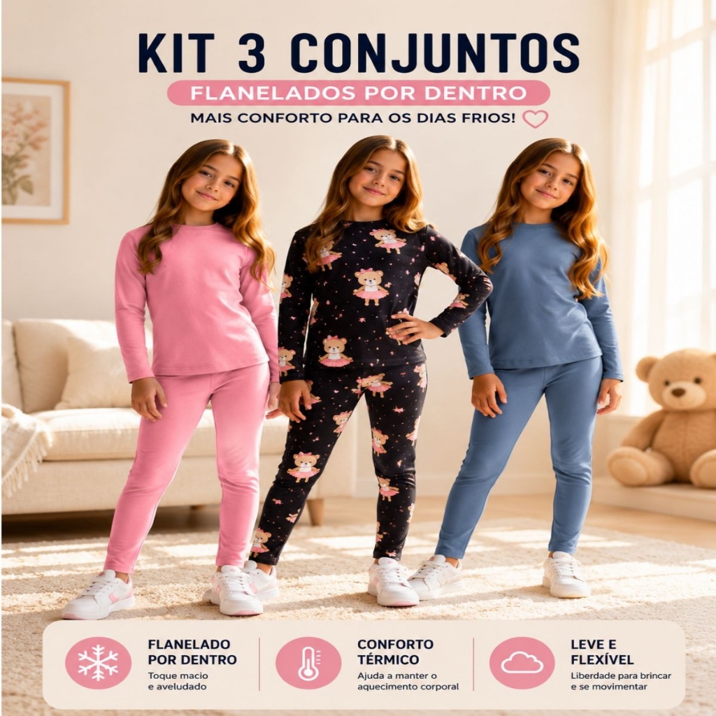 Kit 3 Conjuntos Térmicos Infantil Feminino Flanelado Por Dentro Inverno 6 Peças Pijama