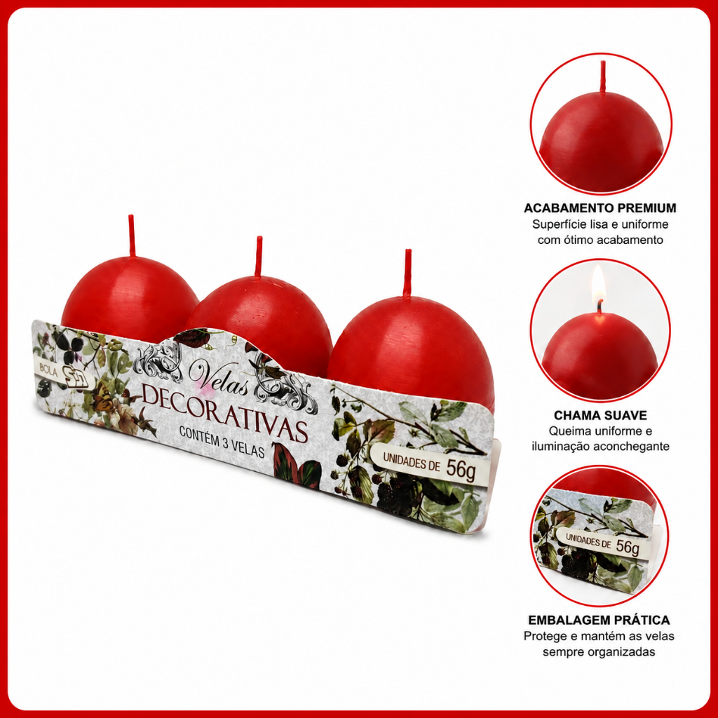 Kit 3 Velas Decorativas Premium Bola Vermelha Natal Decorativa Redonda Festa Enfeite