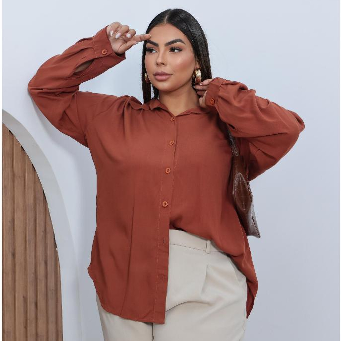CAMISAO SOCIAL FEMENINA PLUS SIZE ELEGANTE MANGA COMPRIDA TECIDO VISCOSE SARJADO LISO XADREZ, GG G1 G2LEVE E CONFORTAVEL