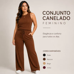 Kit Calça Wide Leg Pantalona Bolsos + Regata Plus Feminino