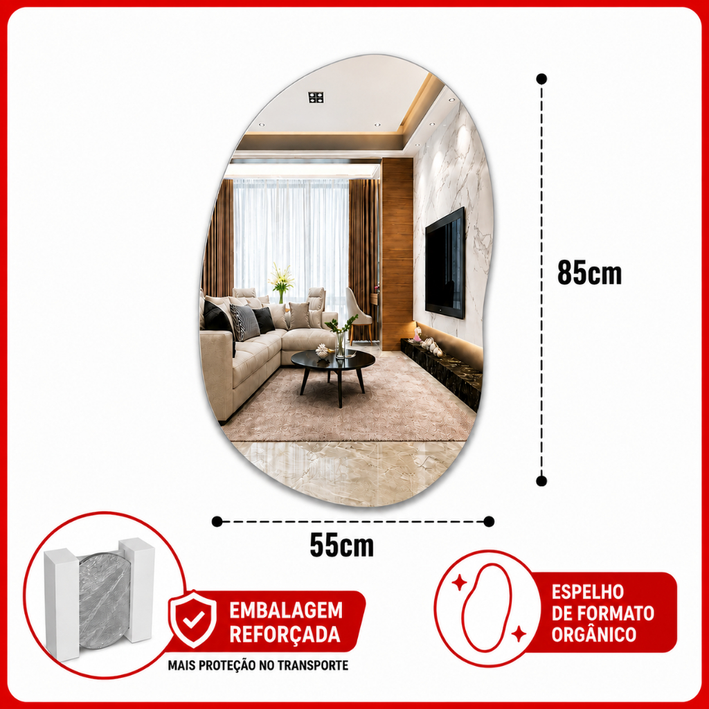 Espelho Orgânico Premium 55x85cm Decorativo Grande Retangular Quarto Banheiro