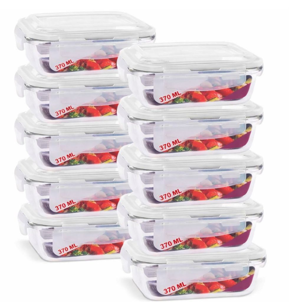 Kit com 10 Potes de Vidro Hermético 370ml Marmita Fit Tampa 4 Travas Freezer Geladeira Micro-ondas