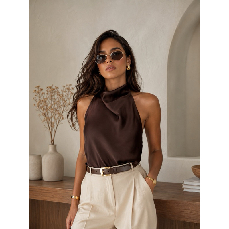 Blusa Frente Única Feminina Acetinada Gola Alta Elegante - Festa, Casual e Trabalho