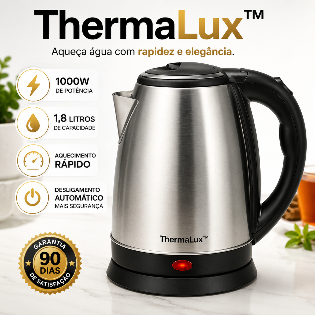 Chaleira Elétrica Inox 1,8L 1000W Aquecimento Rápido Desligamento Automático Base 360° ThermaLux 110V