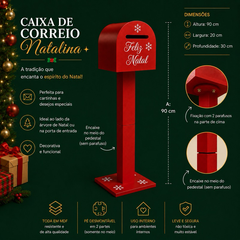 Caixa Postal Correio Feliz Natal Vermelha MDF Papai Noel Cartas Cartinha Natalina Decorativa Vitrine Enfeite