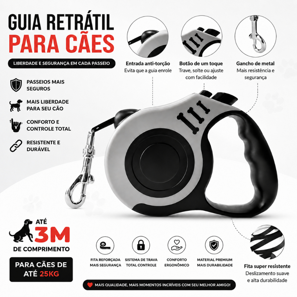 Guia Retratil Para Cachorro Extensivel Fita Reforçada Coleira Automatica Com Trava De Segurança Caes Medio E Pequeno