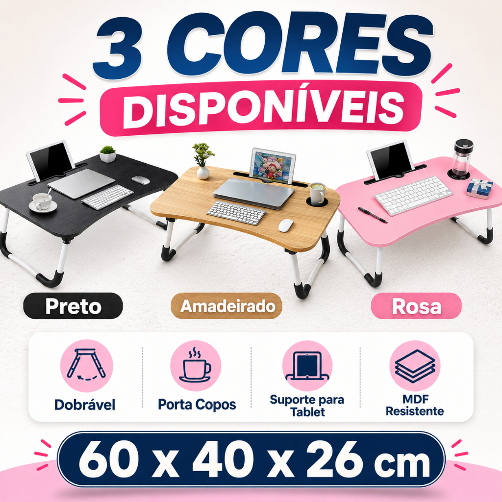 Mesa dobrável notebook portátil MDF 60x40 cama sofá suporte celular tablet porta copo leve multiuso 3 cores