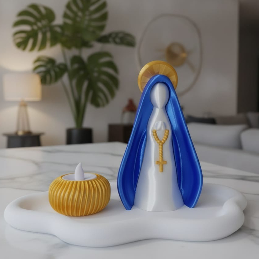 Kit Nossa Senhora Aparecida Porta Terço + Vela LED | Presente Religioso Católico