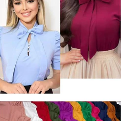 Blusa Plus Size G1 G2 G3 Feminina Social Manga Curta Bufante com laçinho Moda evangélica -0260