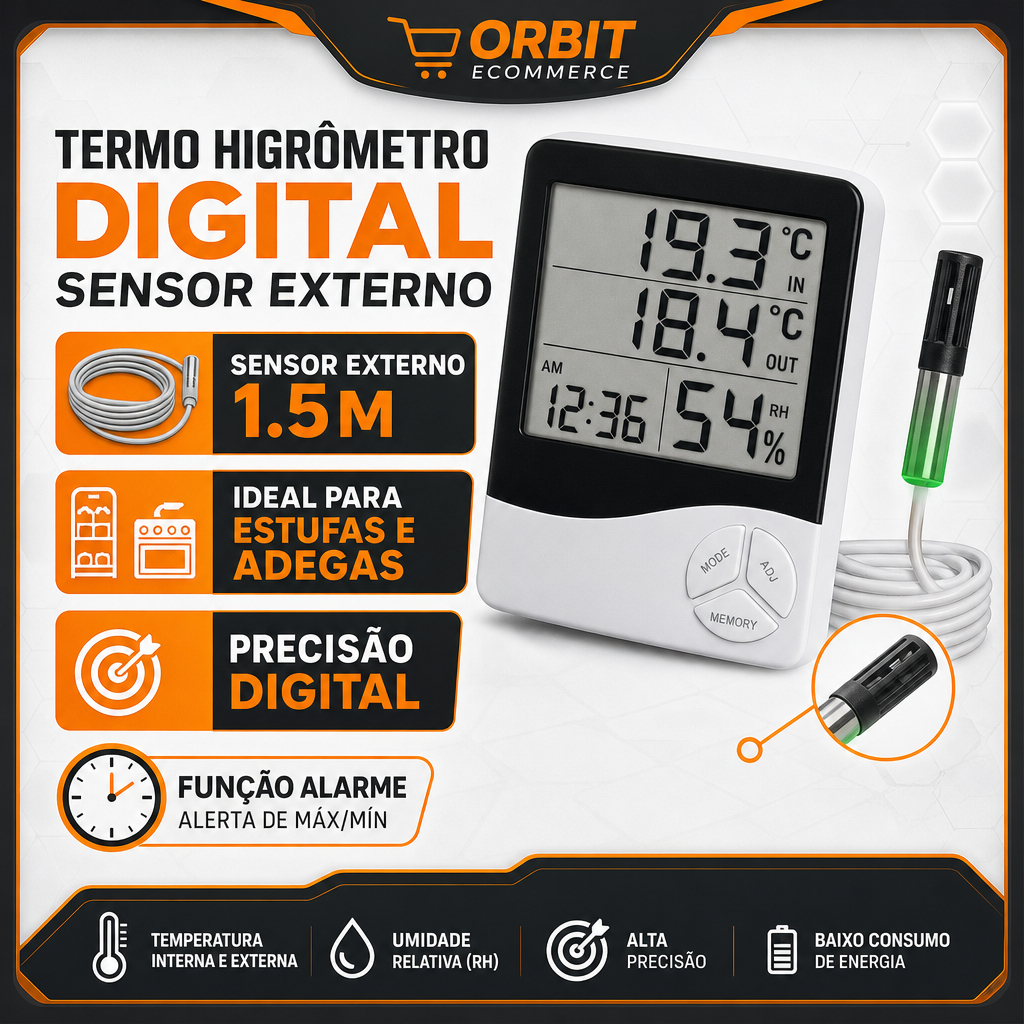Termo Higrômetro Medidor Digital de Temperatura Umidade Relógio Despertador Com Sensor Externo Cabo 1.5m Estufa Adega