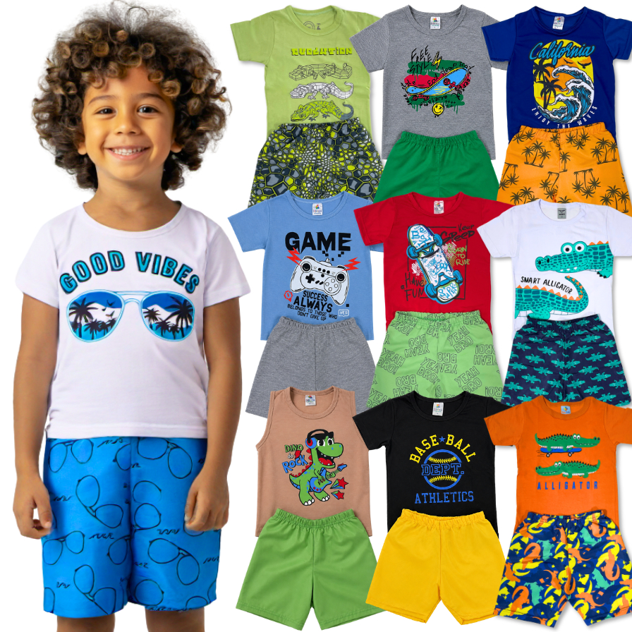 Kit 6 ou 10 Peças 3 ou 5 Conjunto Roupa Infantil Menino Verão Camiseta + Shorts Sortido Estampado