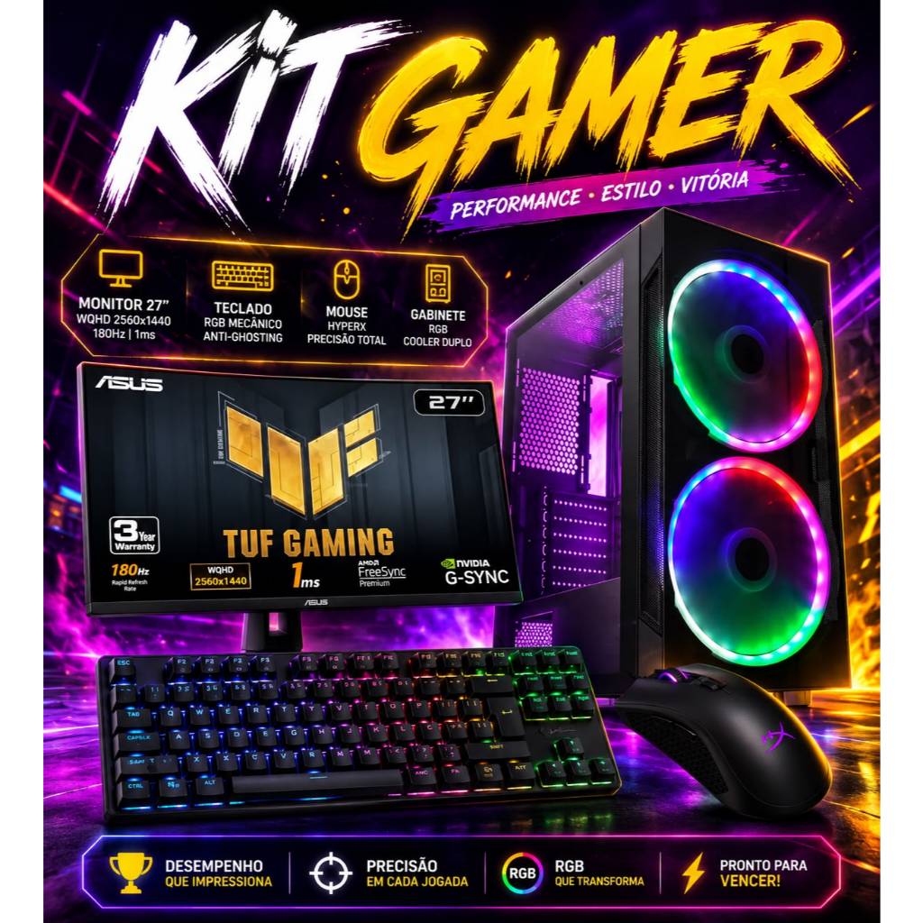 🔥 Kit Gamer Completo ASUS TUF 27" + Teclado Mecânico Husky + Mouse HyperX RGB + 
