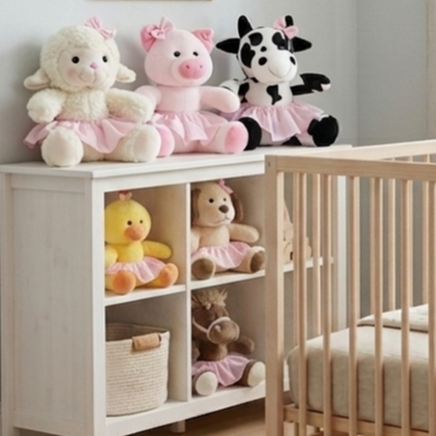Kit Com Bichos De Pelúcia Menina Rosa Fazendinha Antialérgico 25 Cm Cavalo, Vaca, Ovelha E Porco