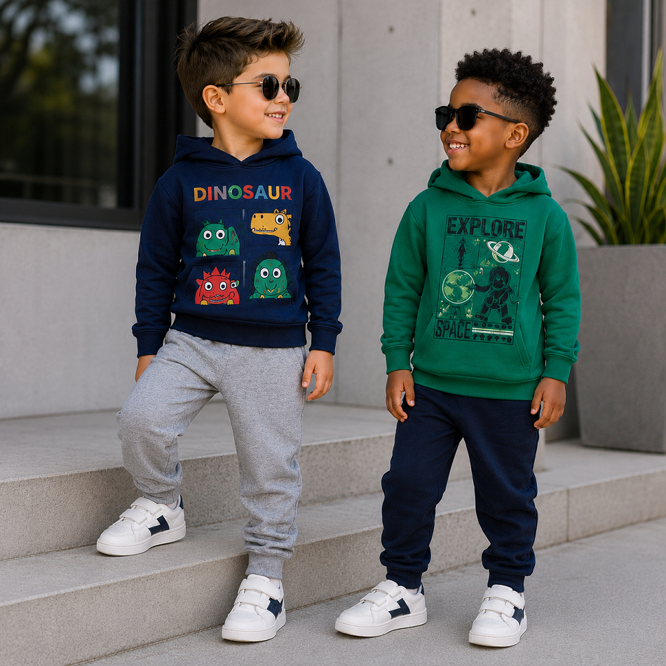 Conjunto Moletom Infantil Menino Peluciado Com Capuz do 01 ao 08 Anos | Casaco com Capuz + Calça de Moletom Inverno