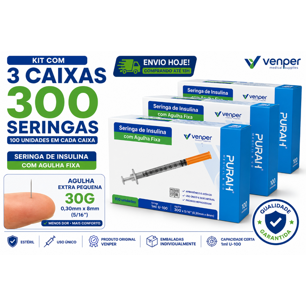 300 Seringas Insulina Venper 1ml 0,25x6mm Agulha Fixa Pequena