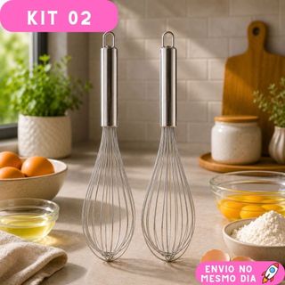 Kit 2 Fue Culinário Aço Inox Bate Claras Massas Manual Profissional Ideal Para Cozinha