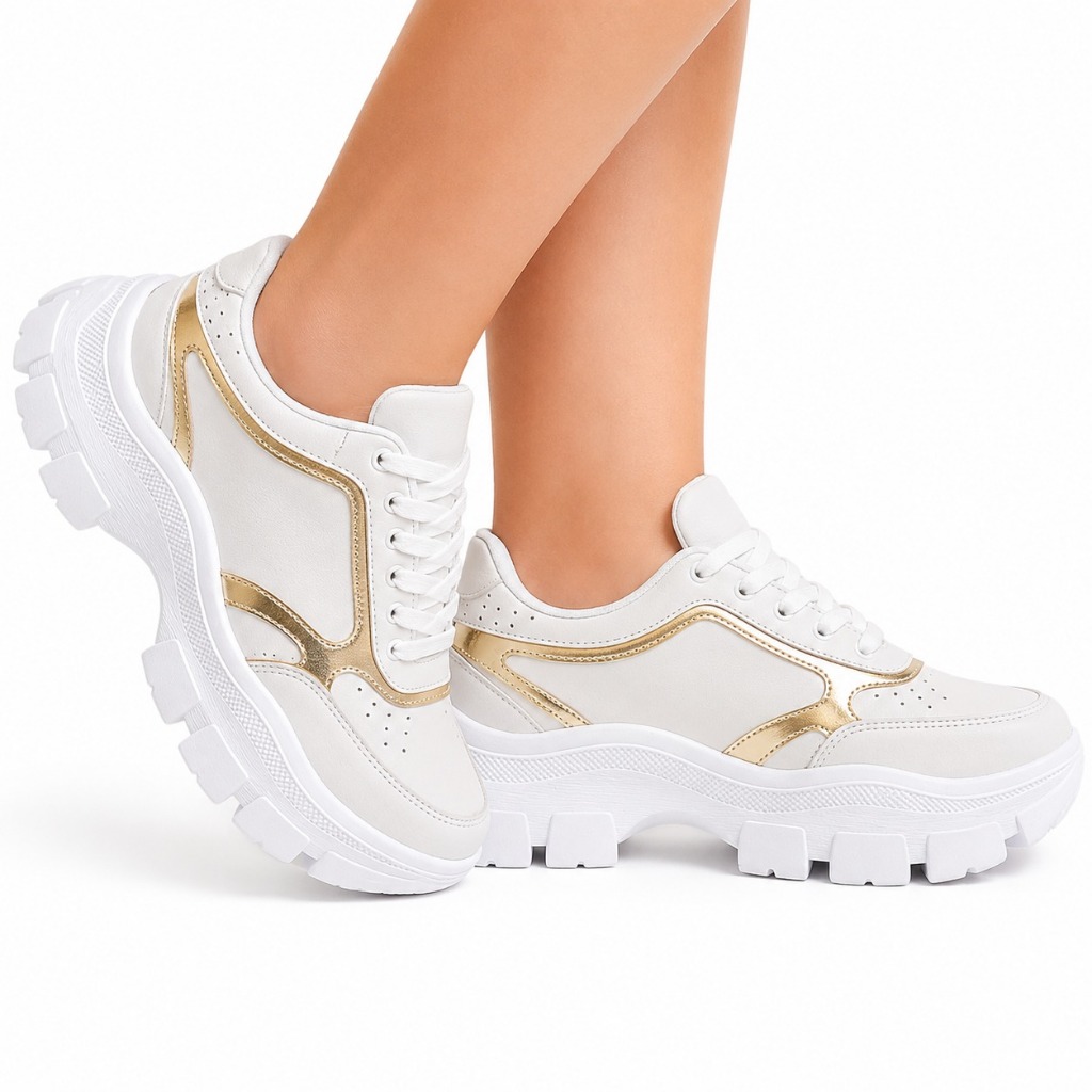 Tênis Casual Feminino Branco Plataforma Chunky Confortável Dia a Dia
