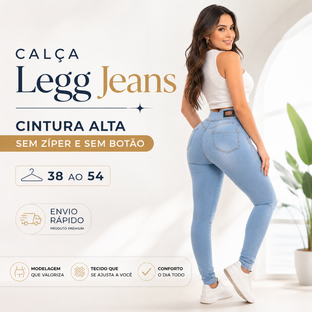 Calça Legg Jeans Feminina | Cintura Alta - Sem Zíper - Sem Botão - Com Elastano Premium