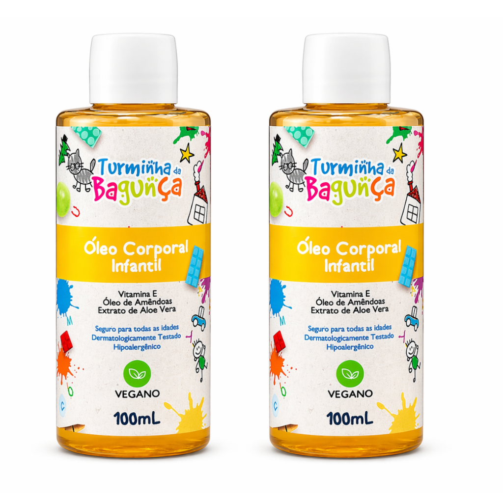 Kit 2 Óleo Corporal Infantil Turminha Da Bagunça 100 ML Hidratante Vegano Hipoalergênico Óleo de Amêndoas Vitamina E