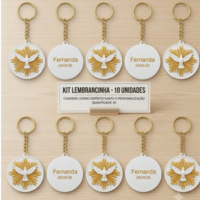 Kit 10 Chaveiros Divino Espírito Santo Lembrancinha Personalizada Batizado Crisma Casamento Eucaristia