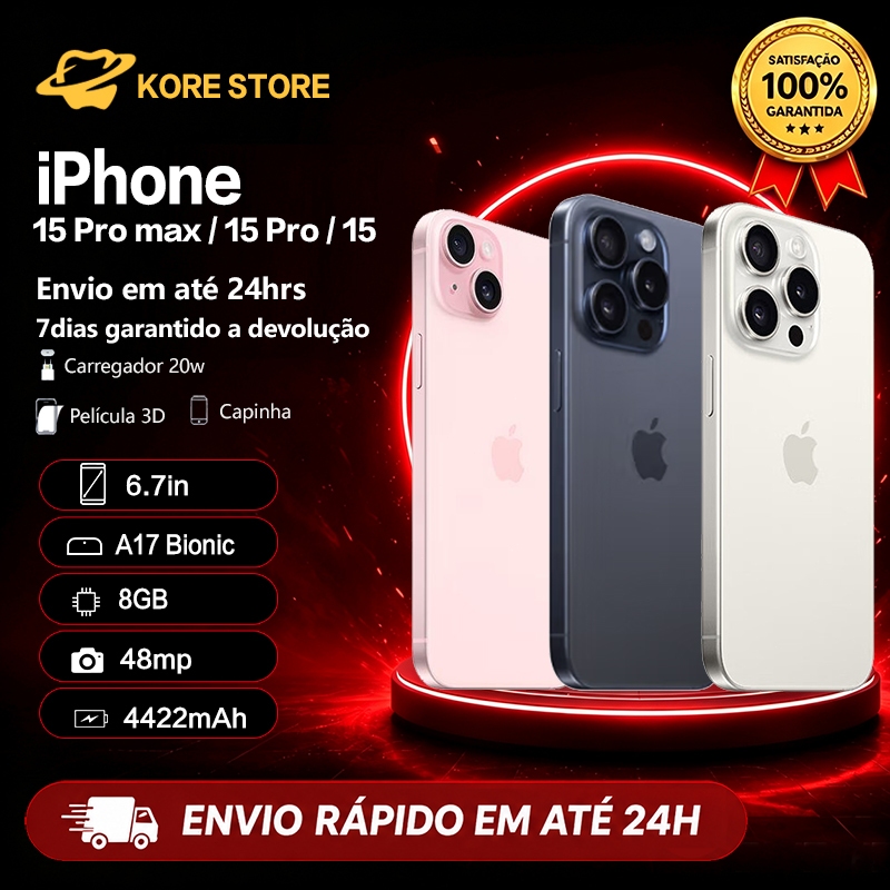 Celular iPhone 15, 15 Pro e Pro Max 128gb e 256gb 5g 100%ORIGINAL + NF Bateria 100%  Desbloqueado (VITRINE)