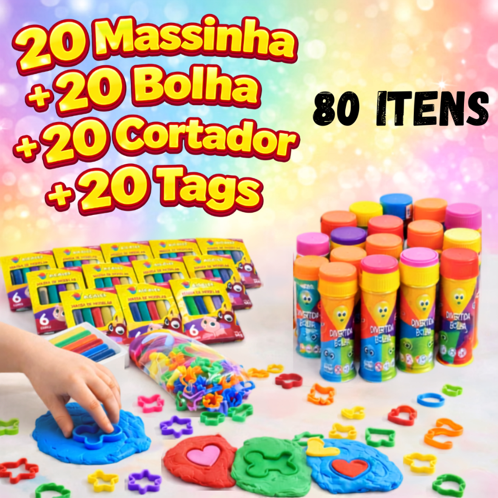 Kit 80 Itens - 20 Massinha +20 bolha de sabão +  20 Cortador + 20 Tags Lembrancinhas de aniversário Infantil