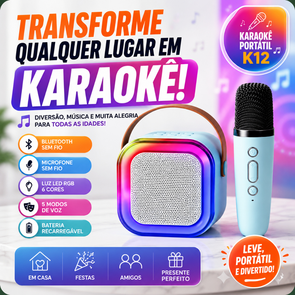 Caixa de Som Bluetooth Karaokê K12 com Microfone Sem Fio LED RGB Portátil Recarregável USB TF Aux
