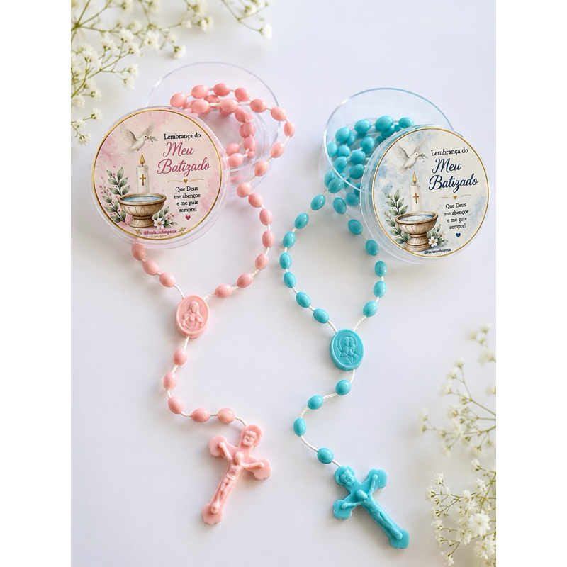 Lembrancinha de Batizado Menina / Menino com Terço 30 cm e Latinha Acrílica Personalizada 5 cm