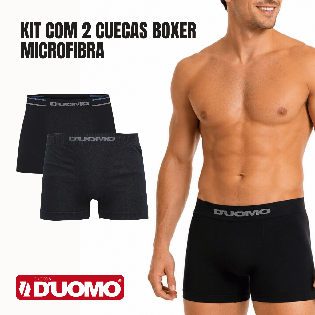 Kit com 2 Cuecas Boxer Duomo Microfibra Sem Costura Preto Sortido