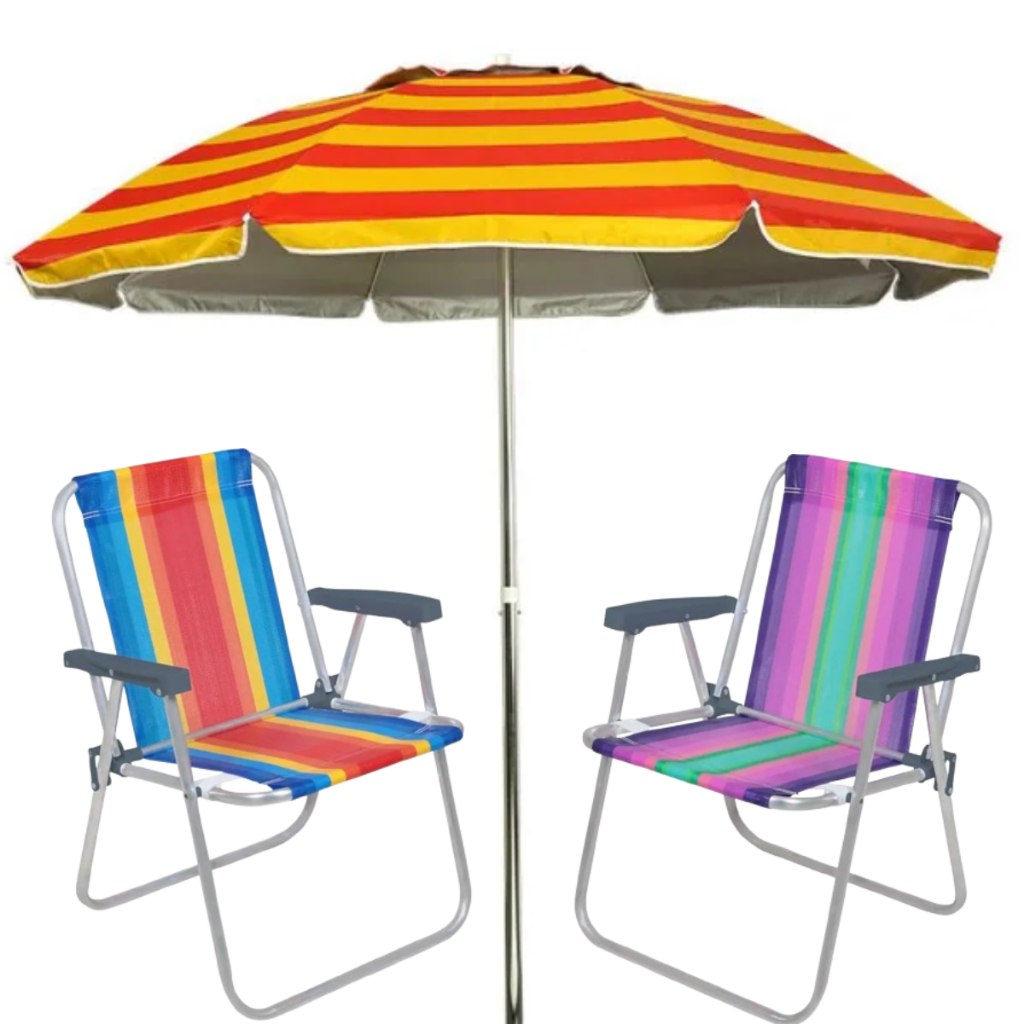 Kit Praia Aluminio c/ Guarda Sol Gigante 2,20 Metros + 2 Cadeiras de Praia.