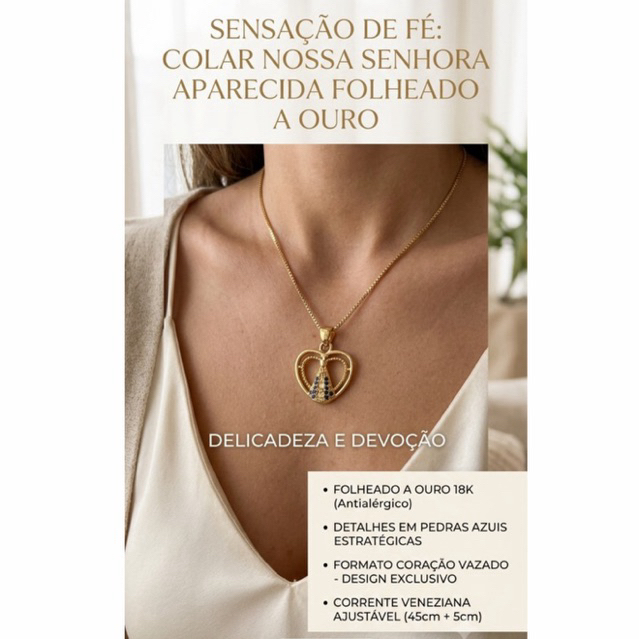 Colar Nossa Senhora Aparecida Feminino ✨ Pingente com Zircônia 💎 Folheado Ouro/Prata | Fé Proteção Presente + Vendido