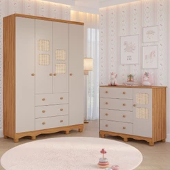 Quarto Bebê Completo Cômoda 1 Porta 4 Gavetas Guarda Roupas 4 Portas Telinha Off White 100%MDF