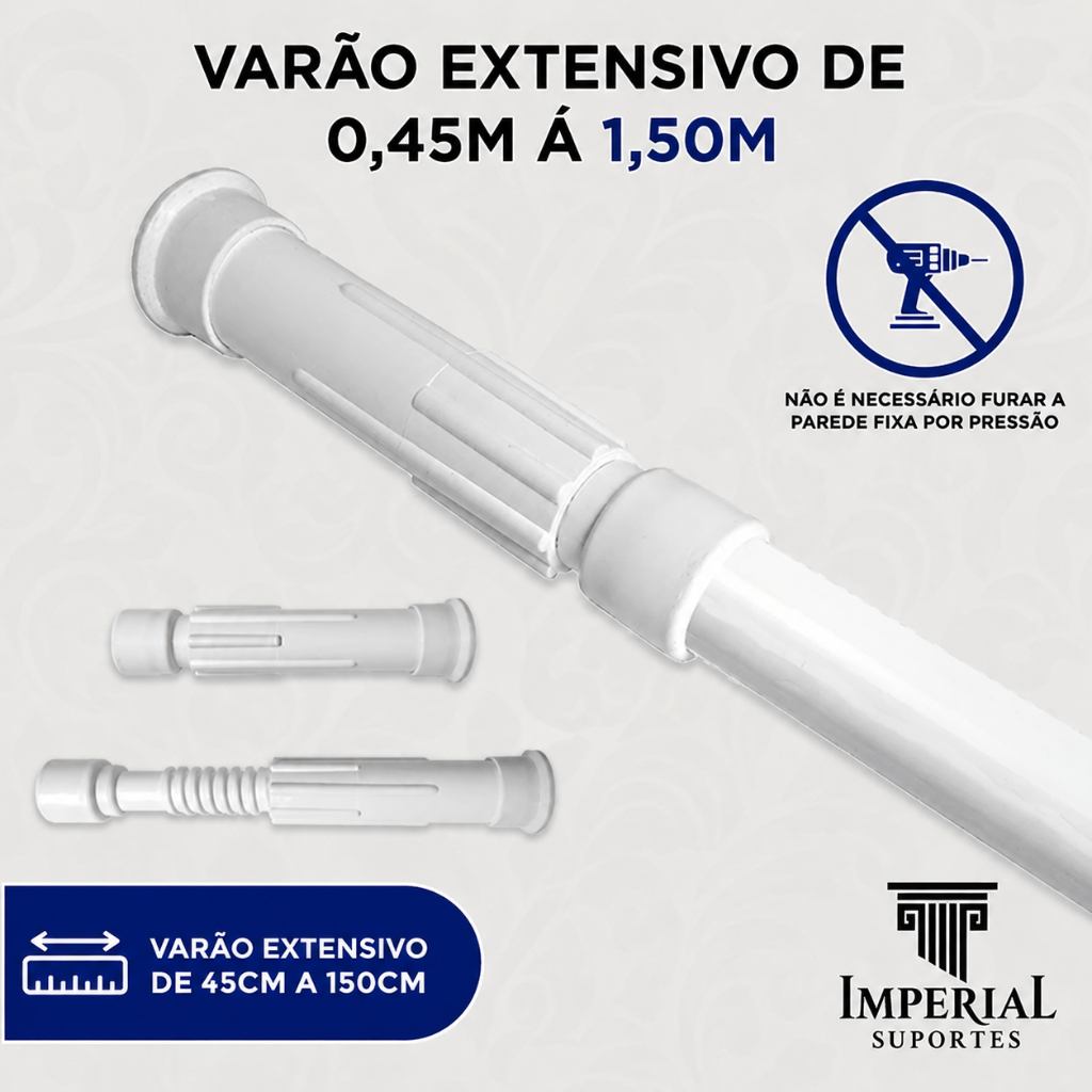 Varão Extensivo Ajustável 0,45m à 1,50m Cortina Box Banheiro Cozinha Suporte S/ Furo Branco Retrátil