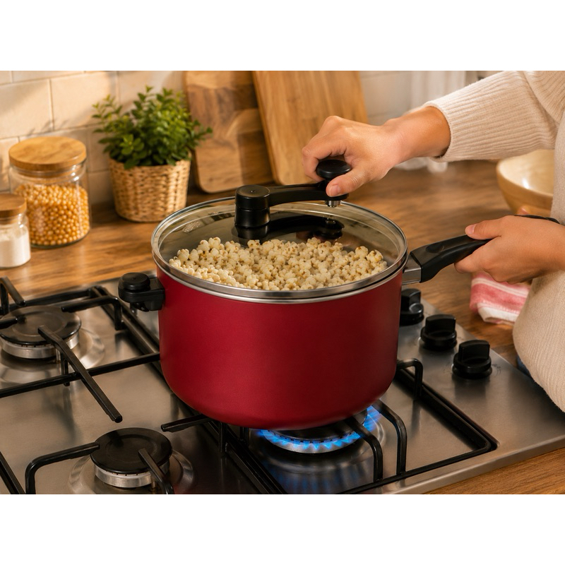 Pipoqueira 4,5 Litros 20cm Antiaderente Tampa Giratória com Balde de Pipoca Cereja Cozillar Panela para Pipoca