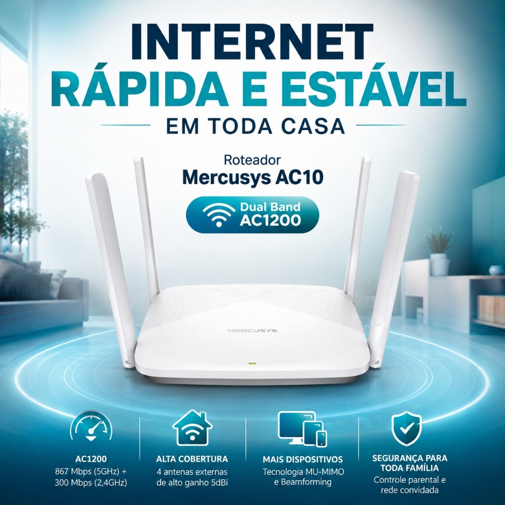 Roteador Mercusys Wireless Dual Band AC1200 Wi-Fi 5GHz e 2.4GHz com 4 Antenas
