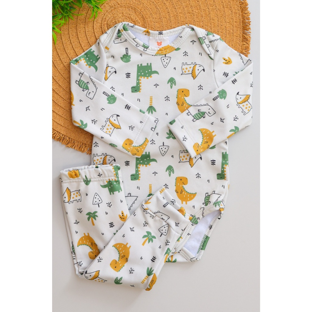 Conjunto Térmico Bebê Pagão Infantil Longo Estampado Dinossauro Verde Menino