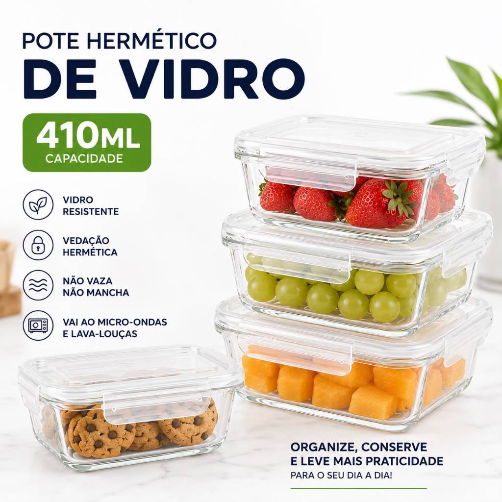 Kit 2/3/5/10 Potes de Vidro 410ml Hermético Marmita Fit com Tampa 4 Travas