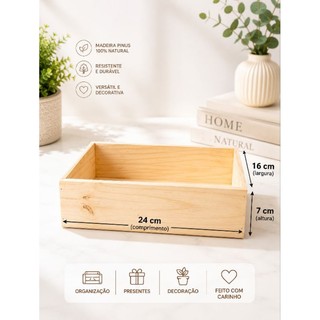 Caixa de Madeira Pinus 24x16x7cm | Organizador | Cesta Presente Café da Manhã | Decoração. TAMANHO ( P)