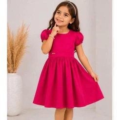 Vestido infantil Menina Rodado - Liso Rosa Pink - Casual, Batizado, Festas, Formatura, Aniversário e Casamento