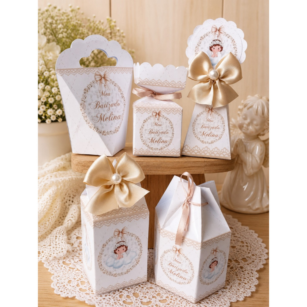 KIT CAIXA FESTA PERSONALIZADA BATIZADO MENINA BRASÃO BEGE / LEMBRANCINHAS /CAIXINHAS PARA FESTA