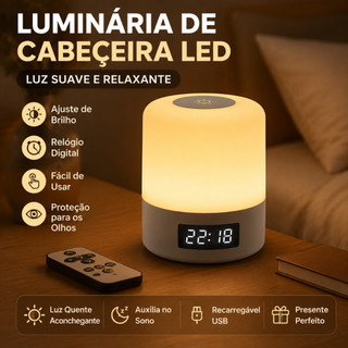 Luminária de Mesa LED Recarregável com Relógio Digital e Controle Remoto, Abajur Touch Dimerizável Sem Fio Portátil