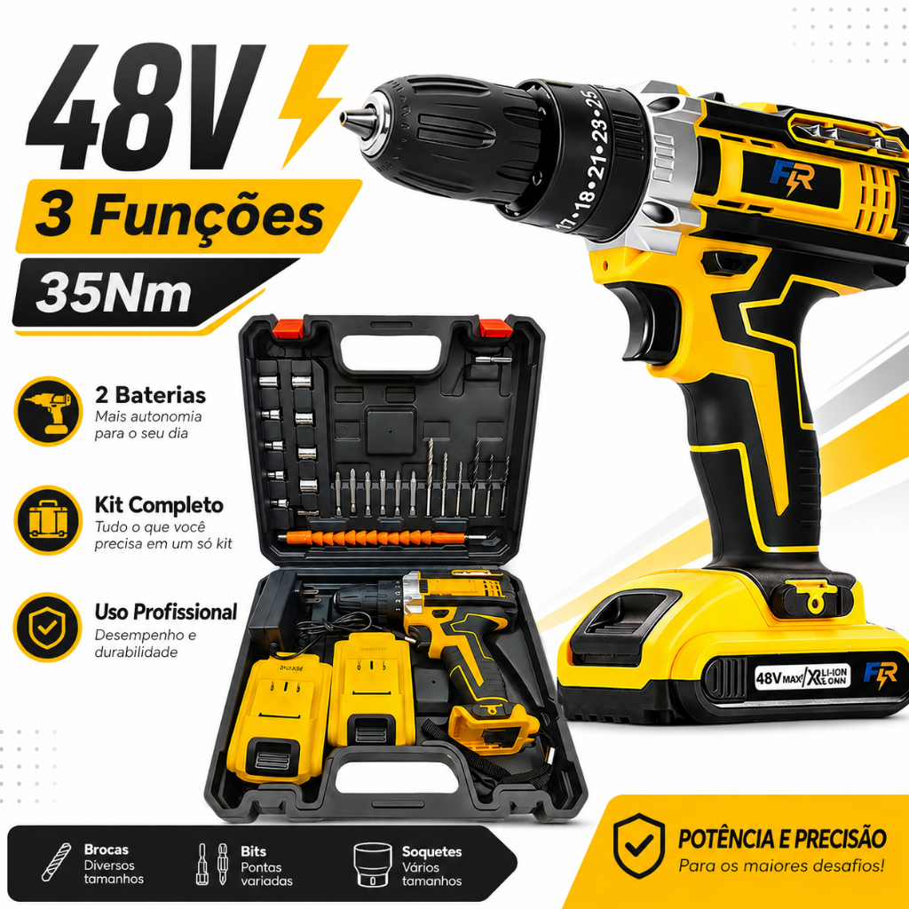 Furadeira Parafusadeira Impacto de Elétrica Sem Fio 48V 2 Baterias 3 funções Kit Completo Acessórios