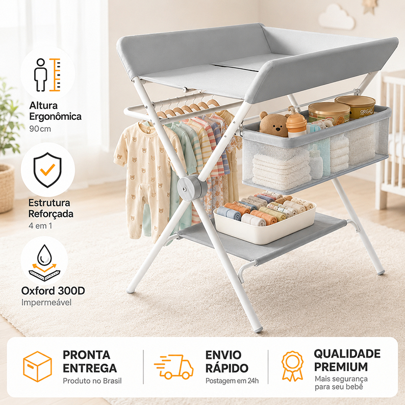 Trocador de Fraldas Bebê 4 em 1 Dobrável Impermeável com Prateleira Cesto Organizador Oxford 300D 90cm