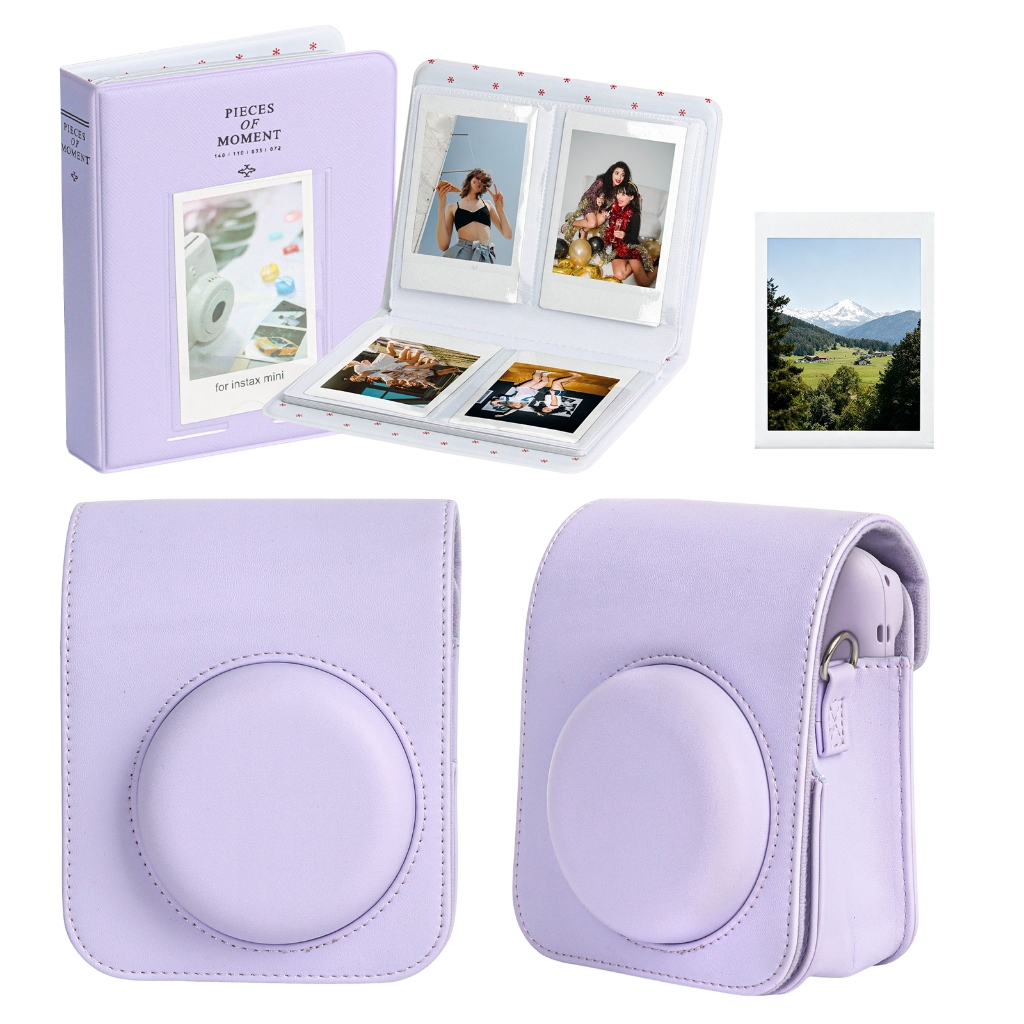 Kit 2 em 1 Bolsa Estojo Couro Instax Mini 12 Com Alça + Álbum De Fotos 54 Bolsos 3 Polegadas - Proteção e Organização